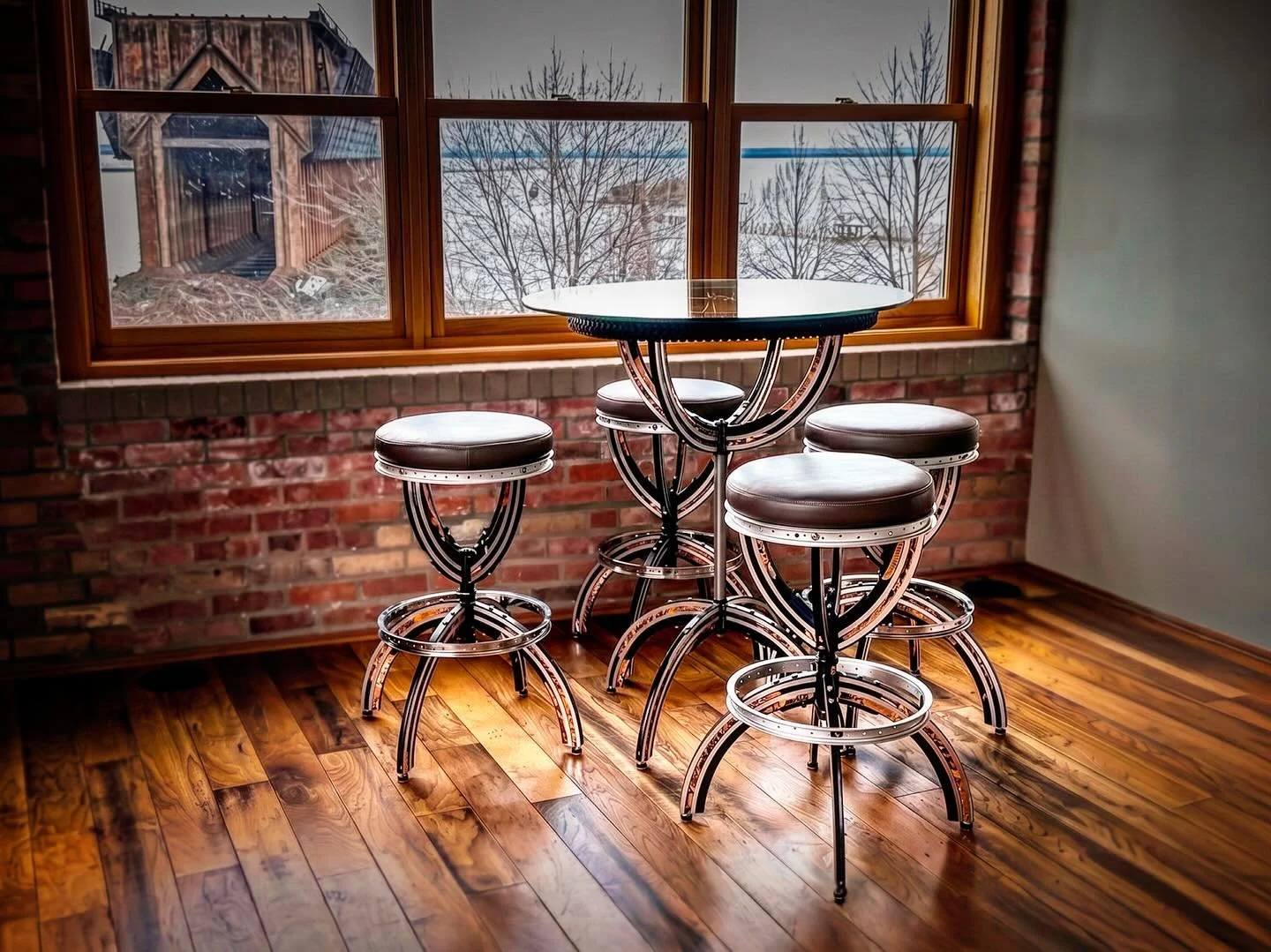 Upon installation of this latest set of Crown barstools and matching Crown pub table, I  was lucky to be immediately assisted in the photo shoot by an eager resident of the space. Behind the scene photos included for charm. 
The barstools swivel smoo