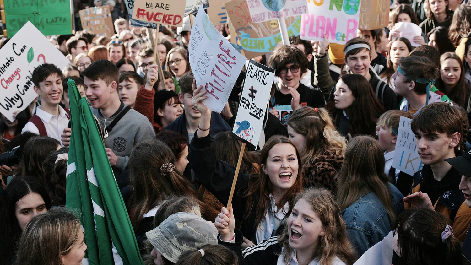 Youth protests in Brighton. Photo by Martin Godwin / The Guardian. Header image by Extinction Rebellion.