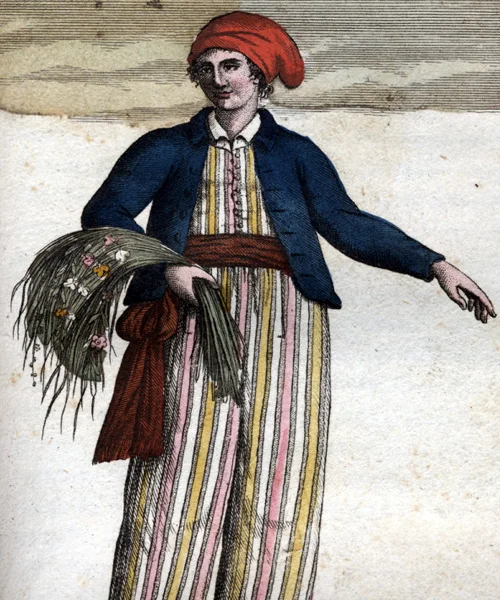 Unknown – 18th century print. Imagined portrait of Jeanne Baret, dating from 1817, after her death.