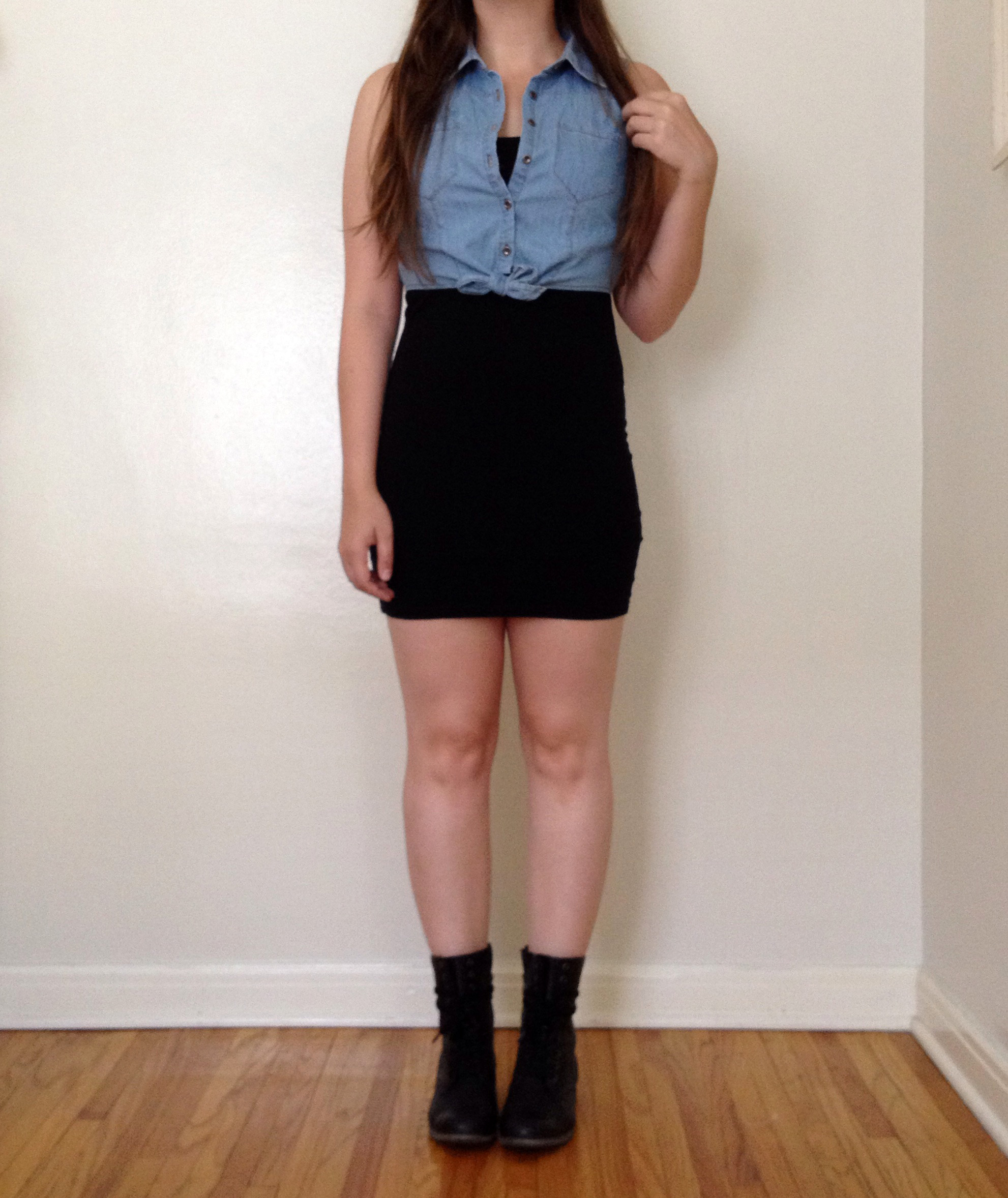 Styling of the Cropped Tie-Front Sleeveless Chambray Top from Crossroads Trading Co., Pasadena. $8.50. Details: Tank Dress- H&M Basics Combat Boots- Nordstrom Rack