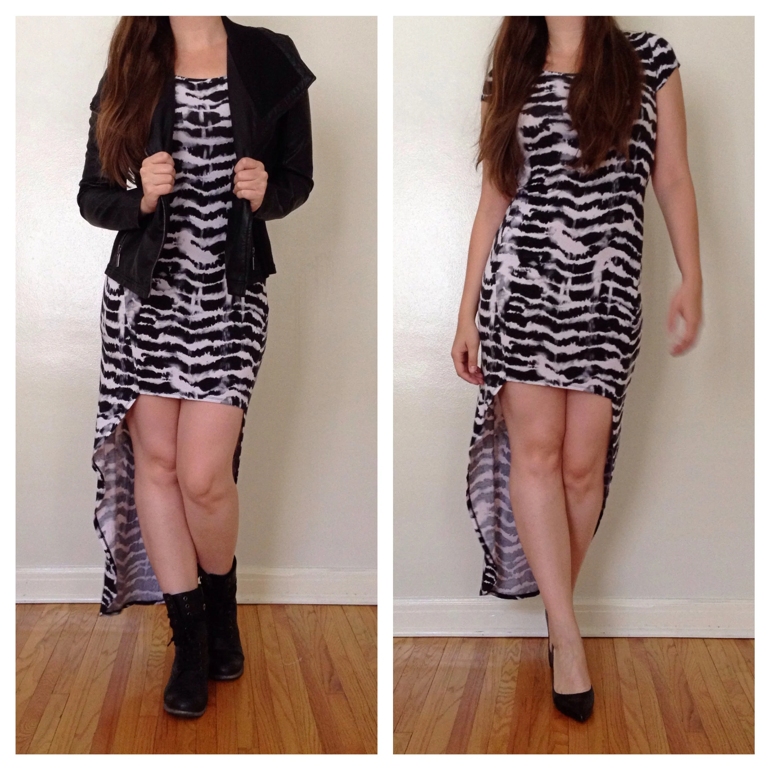 Styling of the Hi-Lo Guess Dress from Crossroads Trading Co., Pasadena, CA. $13.50 Details: Motorcycle Jacket- Target via Minneapolis Salvation Army Target Basement Combat Boots- Nordstrom Rack Shoes- Nine West via Opitz Outlet, St. Louis Park, MN