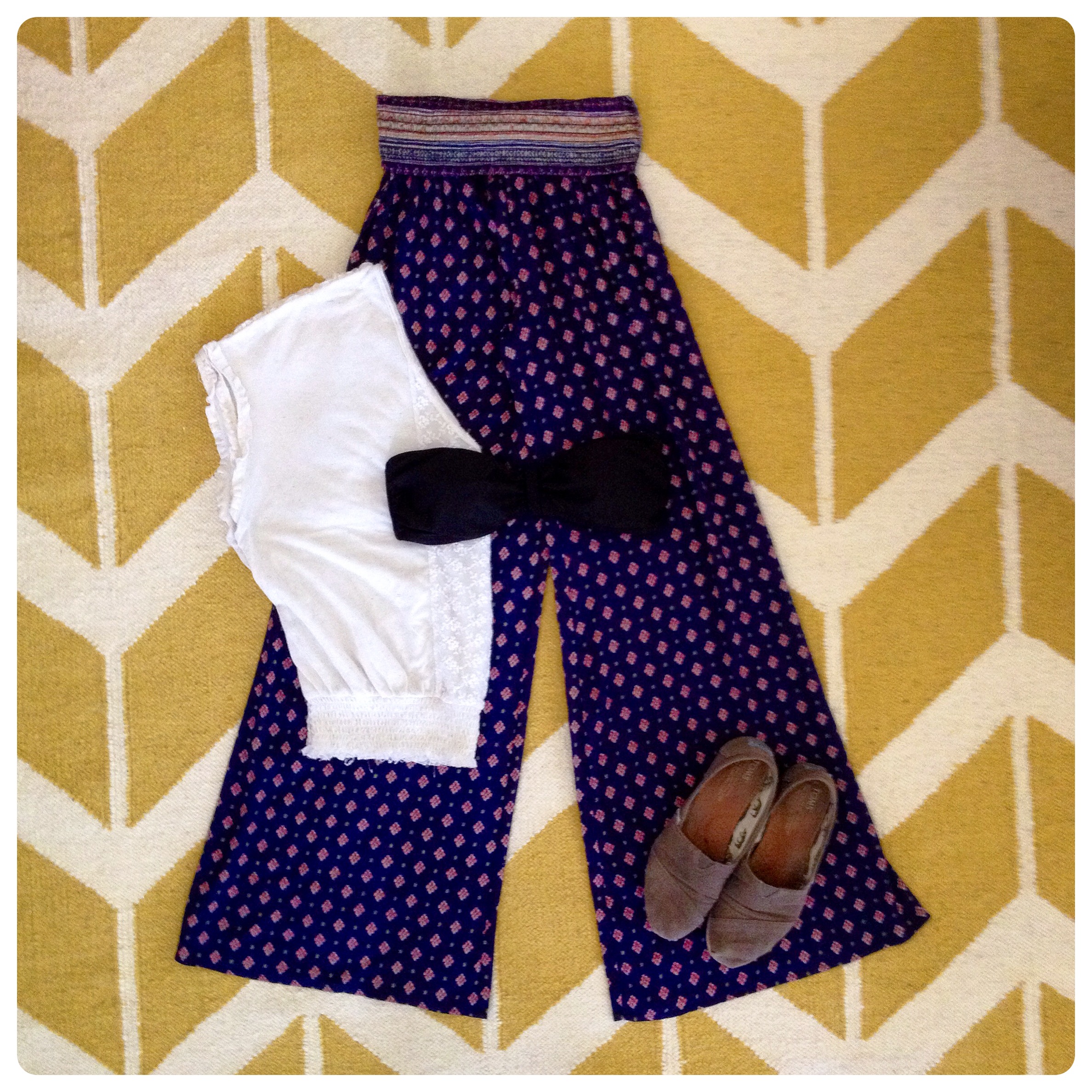 Palazzo Pants - Forever 21 $19.80 I fell in love with these pants and knew I must have them. The print is like the inside of a cathedral in Europe. These were by far my favorite (but also most-expensive) purchase. However, it is also the purchase I see myself wearing the most in the future. From My Closet: Swim Bandeau - Forever 21 $11 Top - Free People $44 {Opitz Outlet} Shoes - TOMS $40