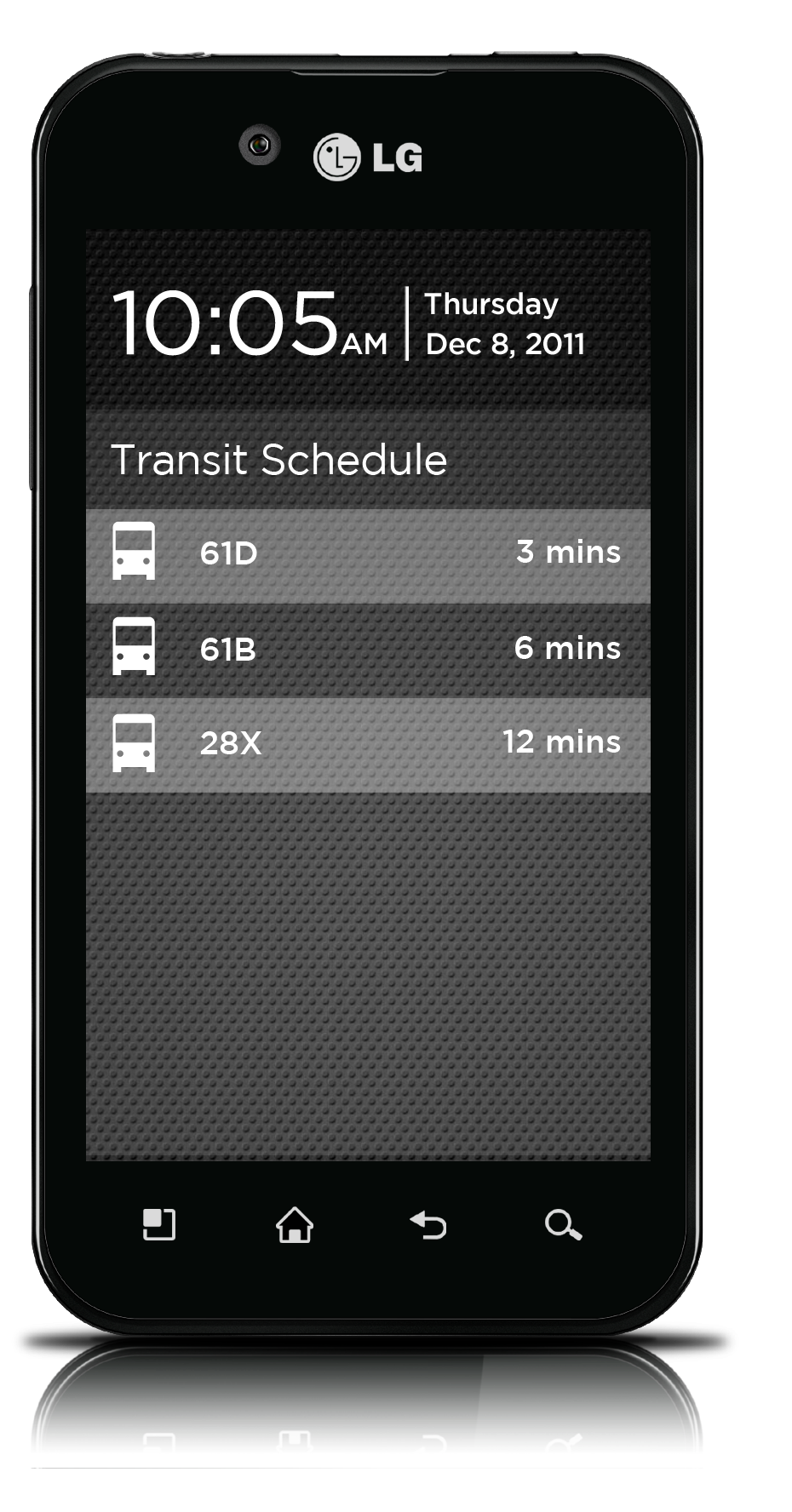 Upcoming public transit schedule is shown for the user's stop