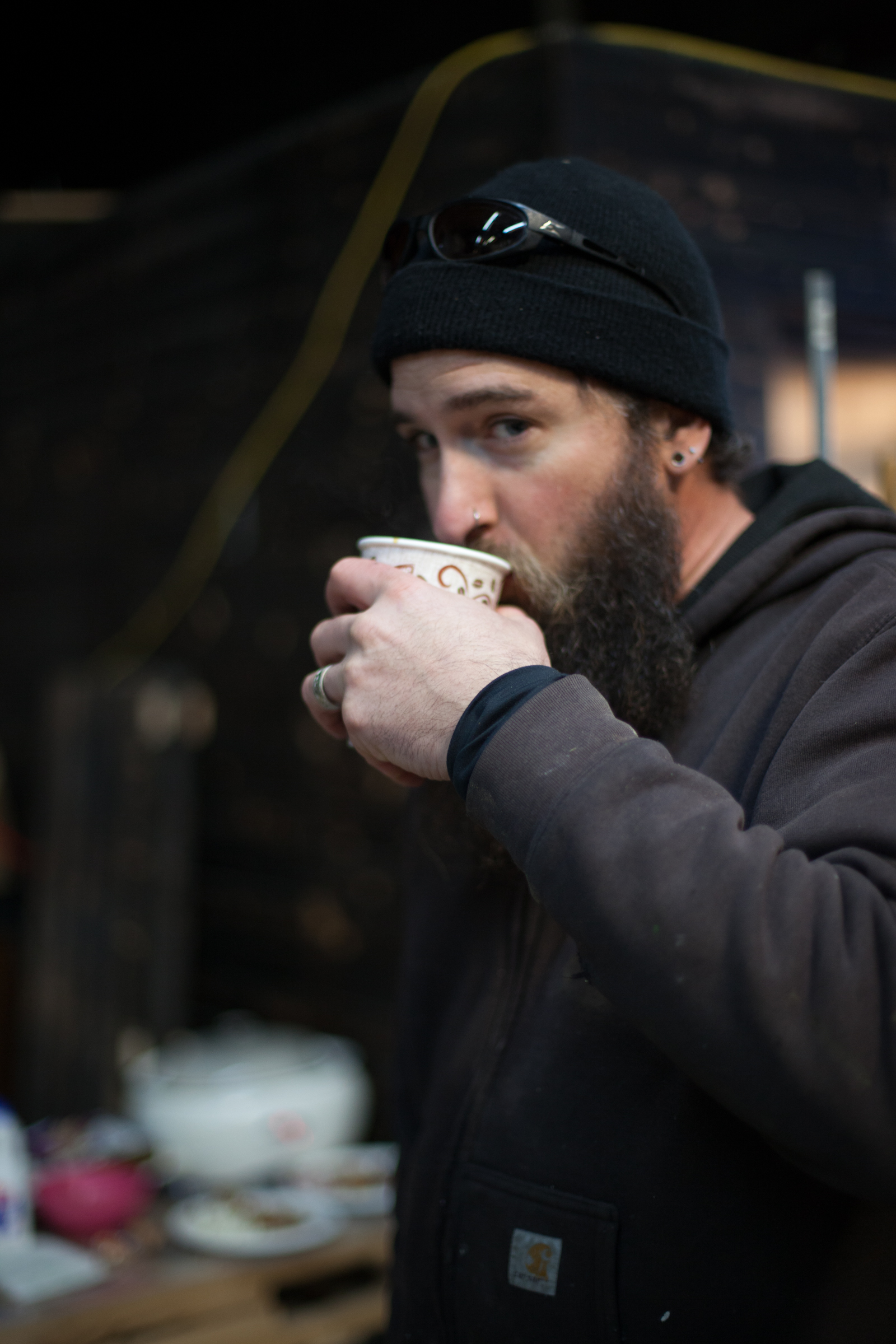 Mat O'Brien drinking Crossroads Coffee from the Maker's Mug at Open Bench Project, 2015