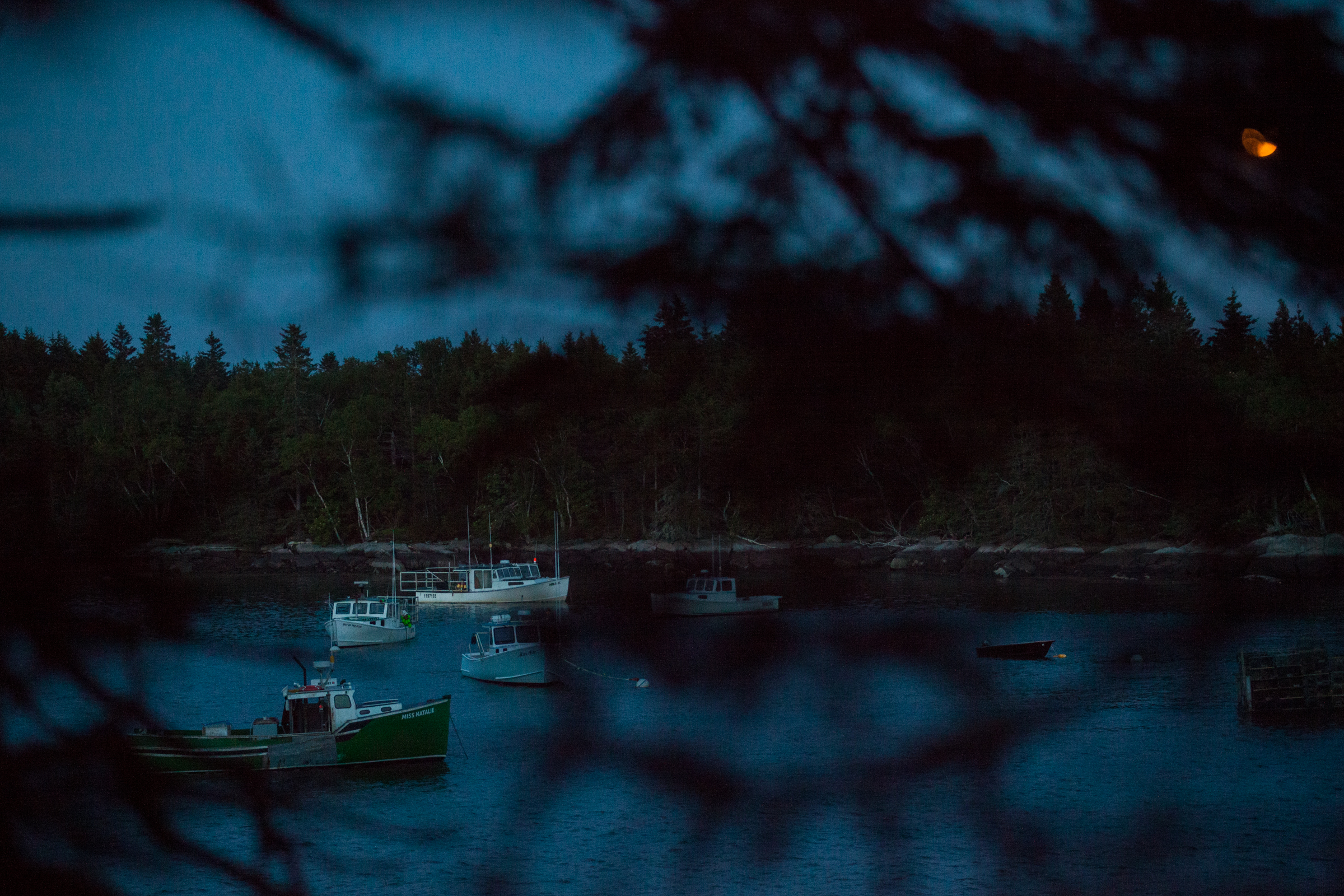 Lobster boats and a full, Strawberry moon over Jericho Bay, from the Grand Staircase. 2016