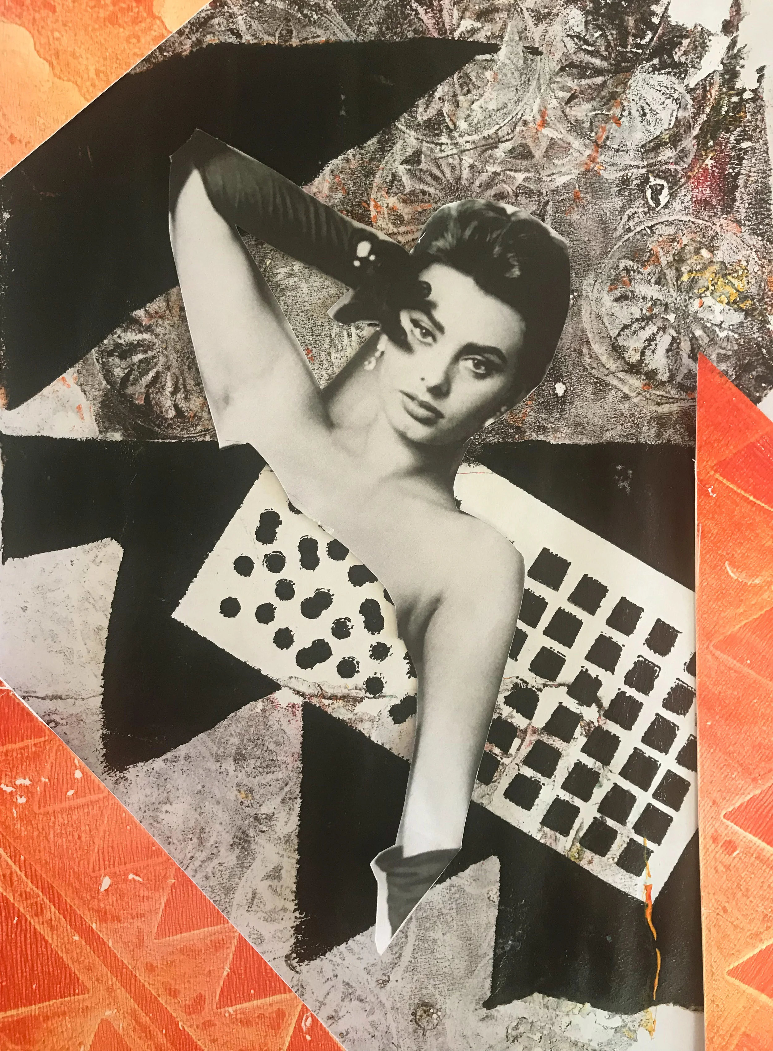 Tests for a collage requested by a client featuring Sophia Loren and gelli prints.