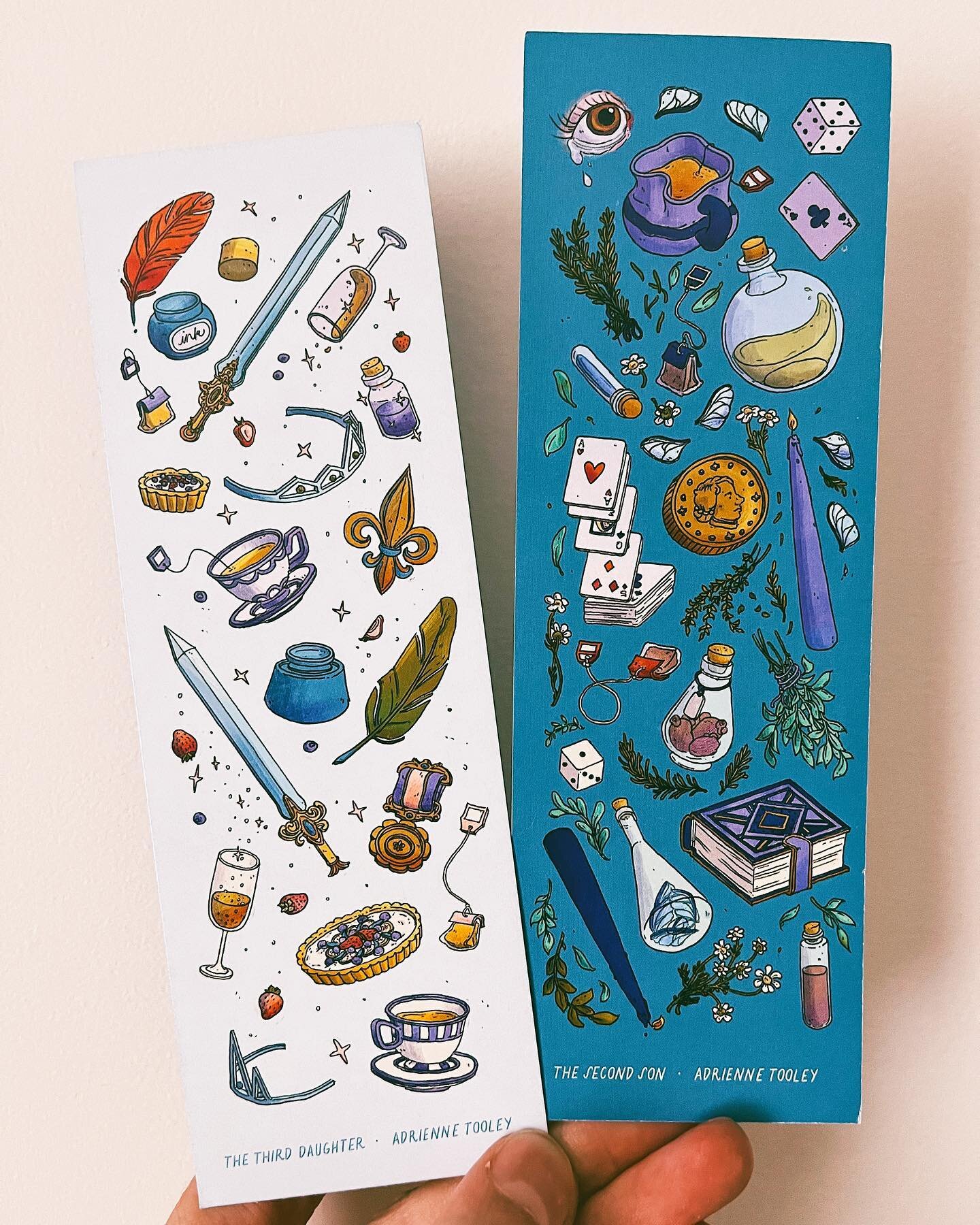in honor of two months until the third daughter (!!!), I offer you all a glimpse of the first of my preorder campaign incentives: this stunning, two sided bookmark&mdash;one side each for Elodie (left) and Sabine (right).

if this aesthetic feels fam