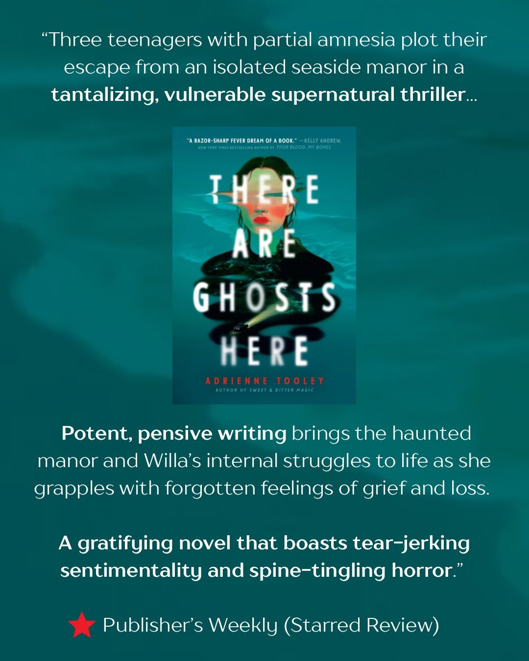 absolutely buzzing to share that the first trade review for THERE ARE GHOSTS HERE is a star (!!!) from @publisherswkly. 

this is my first starred review and it couldn&rsquo;t feel more fitting that it&rsquo;s attached to my weirdest and most persona