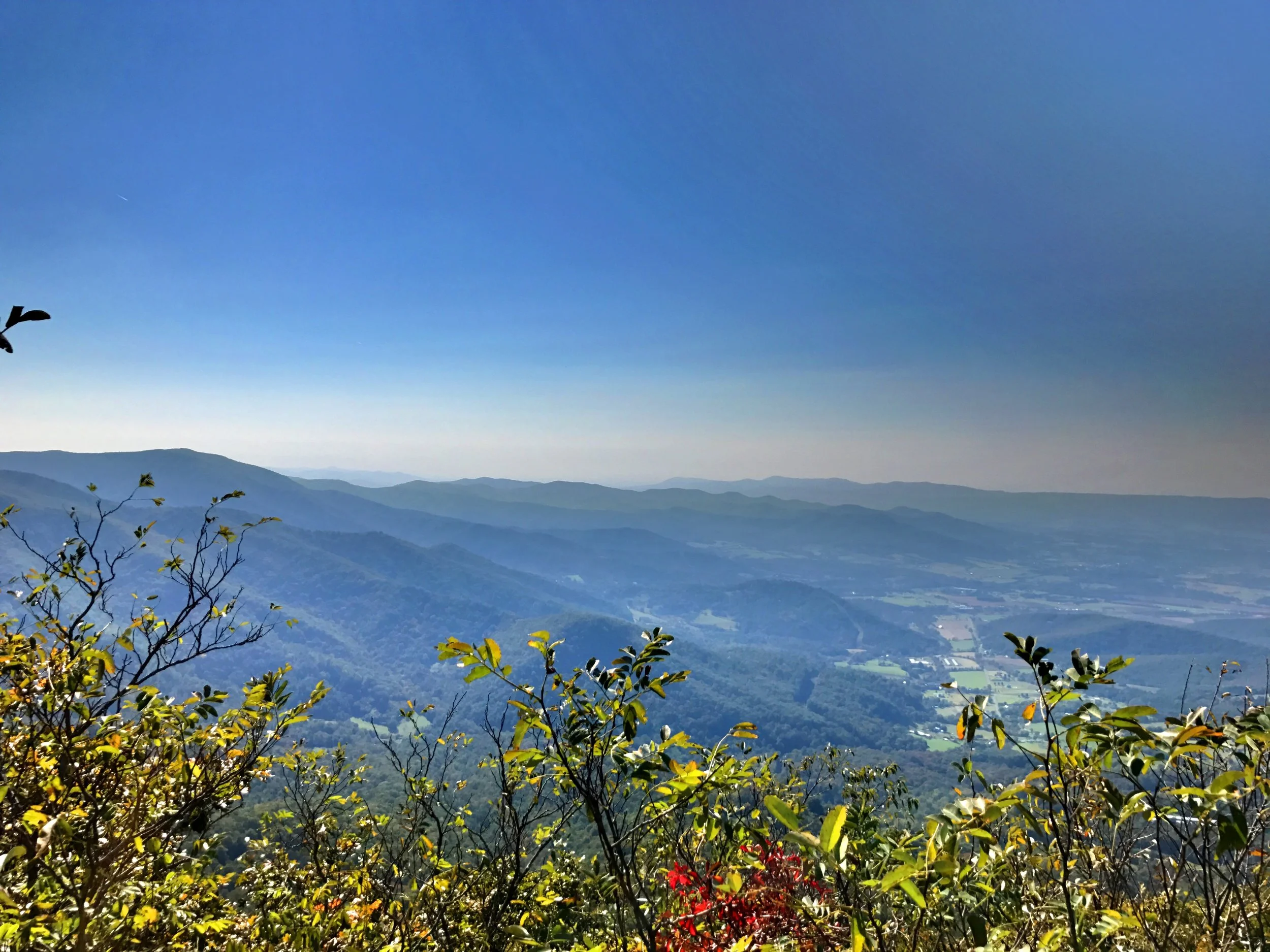 The view from Miller's Head observation post at the end of the ridge. The view is looking south-south east down the Shenandoah Valley.