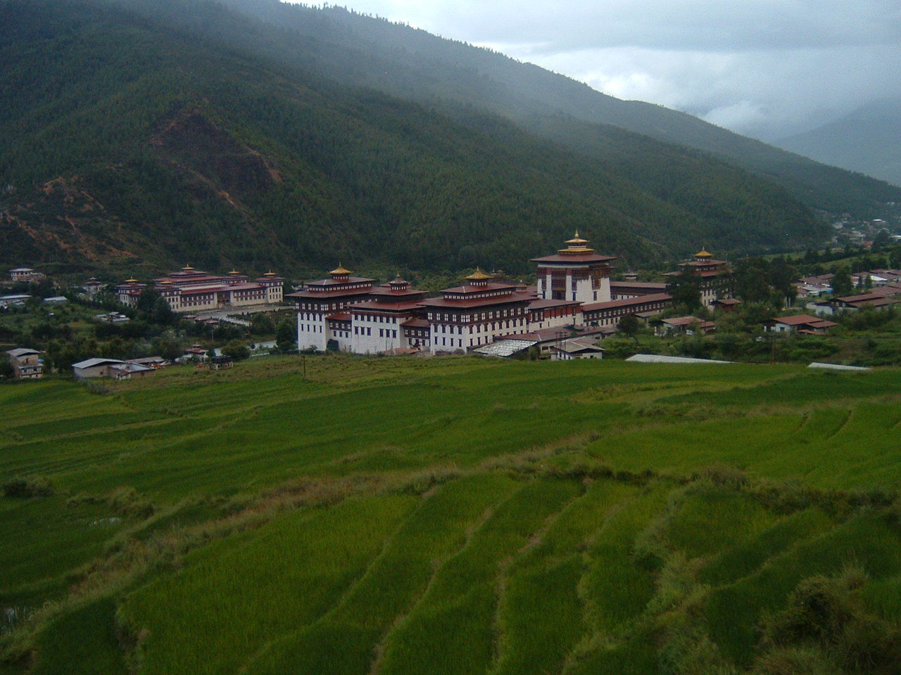 Tashichhodzong in Thimphu in summer. The fields are terraced rice paddies which you see all over Bhutan.