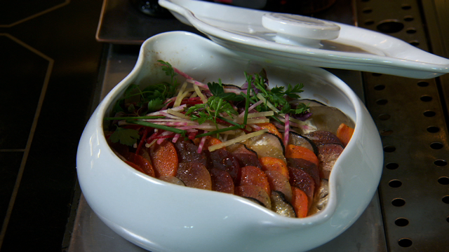 Cook pot of seasonal vegetables and fruit