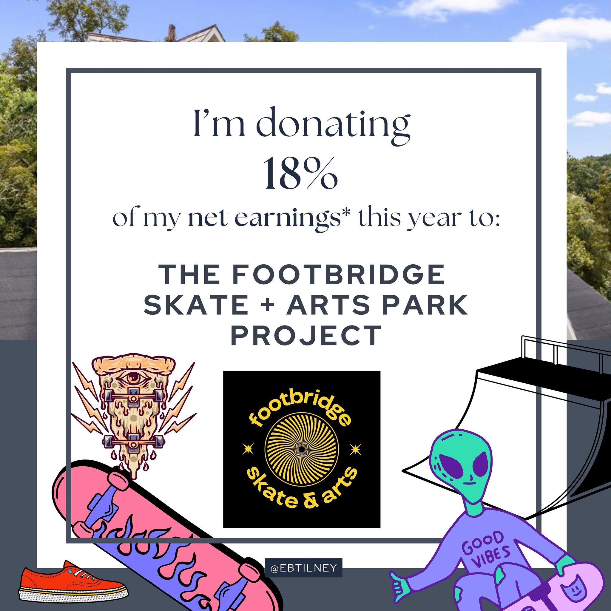 FYI - I&rsquo;m donating 18% of my net earnings for the next year from any community-referred real estate client. The recipient? Footbridge Skate + Arts Park Project- link in bio. 💚🛹🎨🛹💚
.
.
.
.
.
.
.
#njrealestate #footbridge #skatenj #footbridg