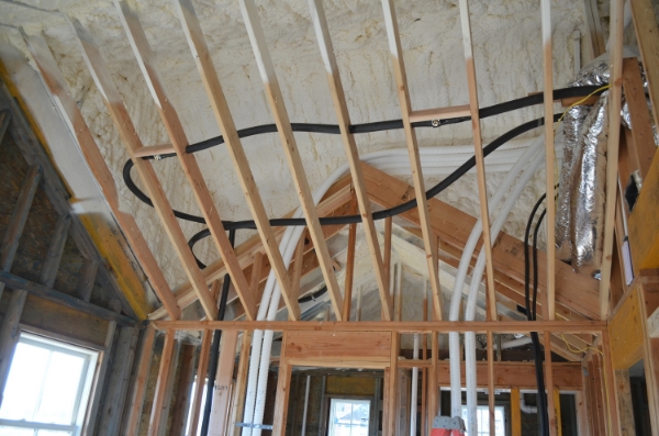 Cold water loop with sprinkler heads in cathedral ceiling