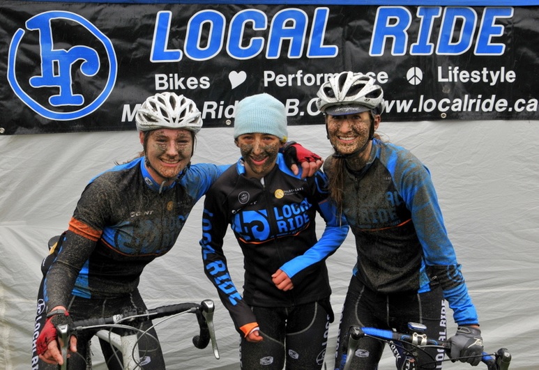(l-r): Local Ride Racing's Kelsey MacDonald, Maggie Coles-Lyster, and Meghan Grant don't mind a bit of dirt. Photo: Paul Craig