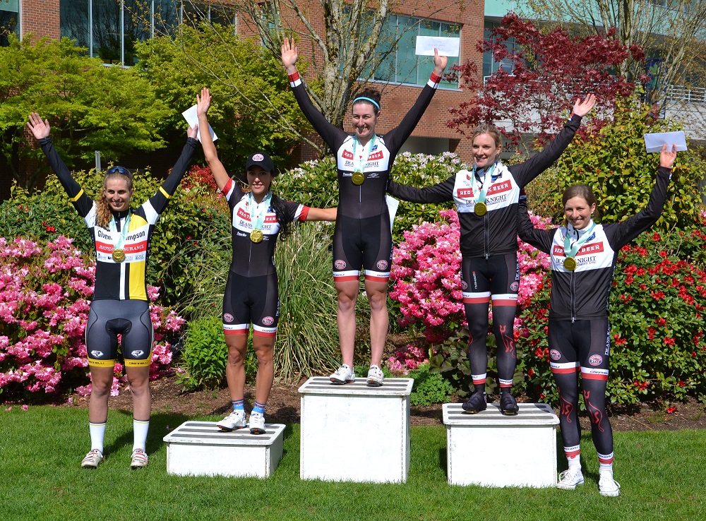 Cat 1-2-3 Women’s General Classification Podium (l-r): Justine Clift 5th, Shoshauna Routley 3rd, Kinley Gibson 1st, Leah Guloien 2nd, Jenny Lehman 4th. Photo: Pete Whalen