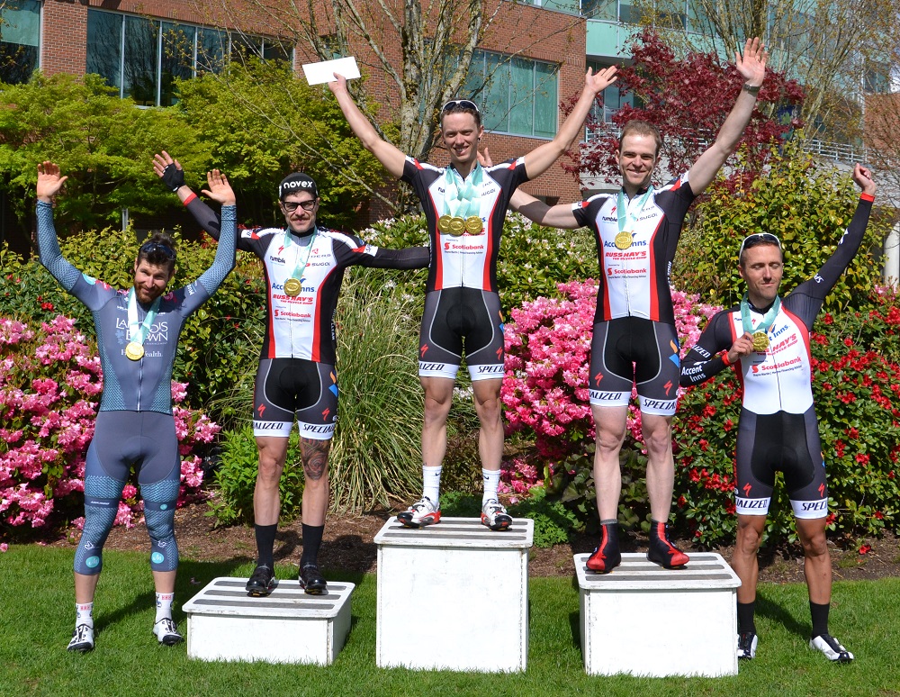 Cat 1-2 Men’s General Classification Podium (l-r): Nigel Kinney 5th, Dylan Davies 3rd, Jacob Schwingboth 1st, Curtis Dearden 2nd, Jeff Werner 4th. Photo: Pete Whalen