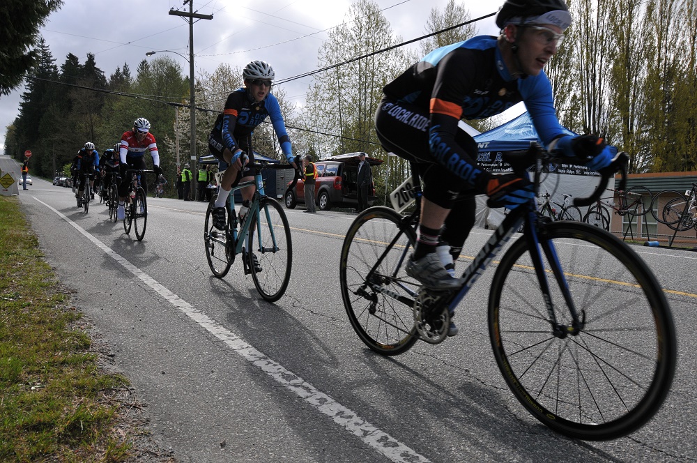 Local Ride Racing’s Carsten Ivany of Abbotsford leads teammate Jackson Pickell of Port Coquitlam in the Cat 3 Men’s Thorn Hill Road Race. Pickell would finish second overall in the stage race. Photo: Sandra Walter