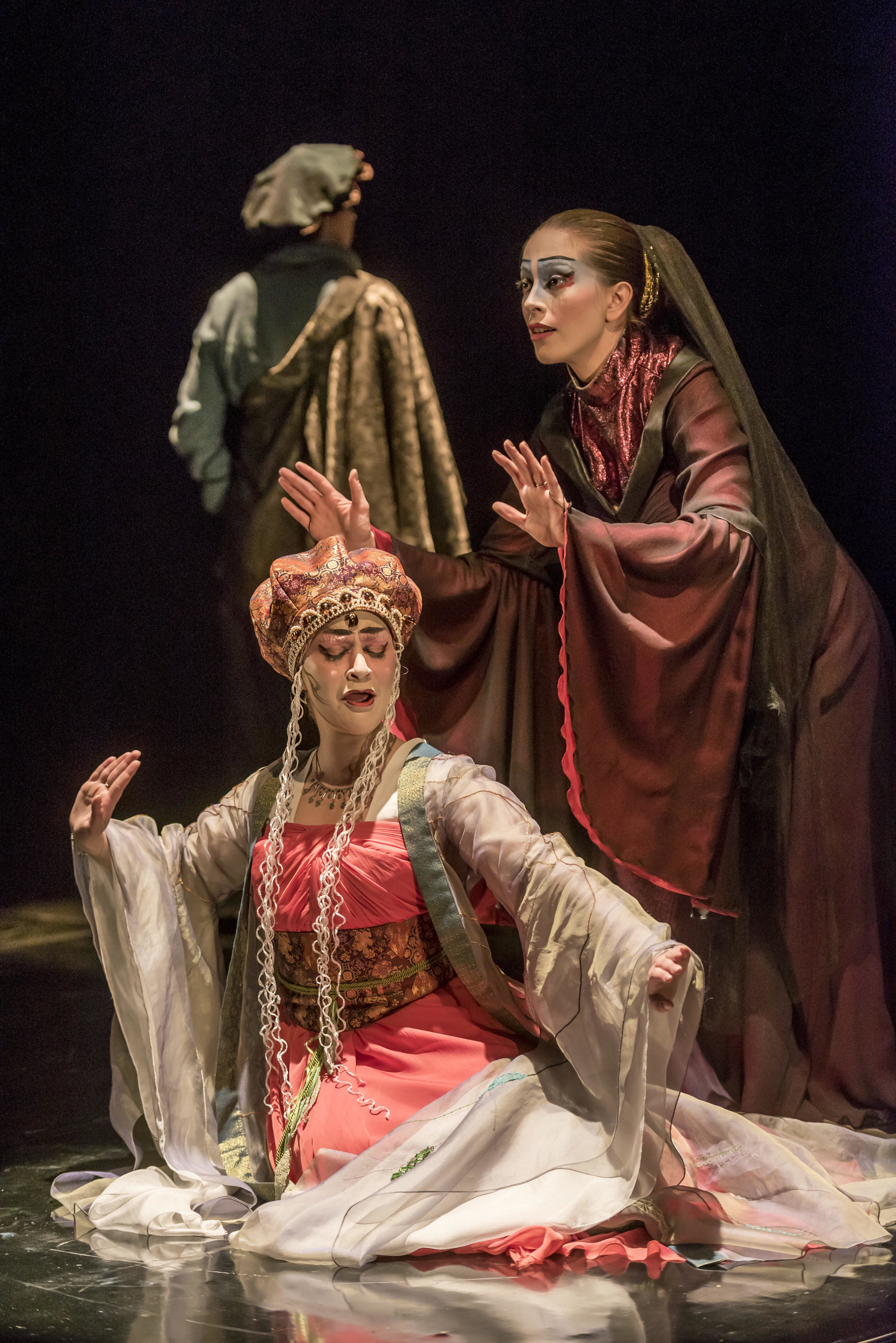  As Emilia, trying and failing to help save Desdemona (Elana Weiner-Kaplow) in Iago's Plot (with Kevin Blair as Cassio in the background) at Krannert Center for the Performing Arts. Conceived and directed by Shozo Sato.&nbsp;Written by Leslie Baker, 