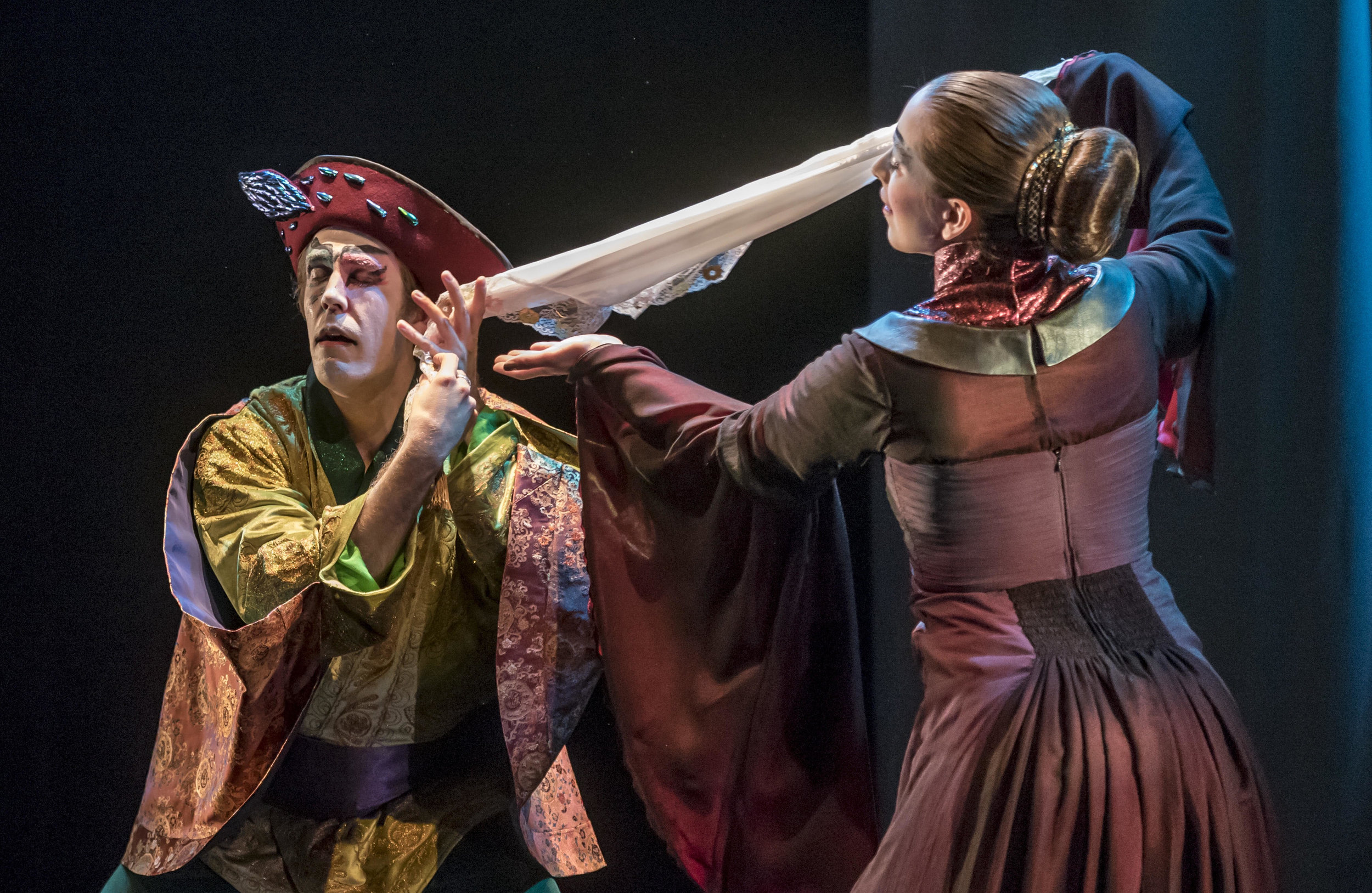  As Emilia, trying and failing to seduce husband Iago (Jordan Coughtry) with Desdemona's dropped handkerchief in  Iago's Plot  at Krannert Center for the Performing Arts. Conceived and directed by Shozo Sato.&nbsp;Written by Leslie Baker, Robert Clin