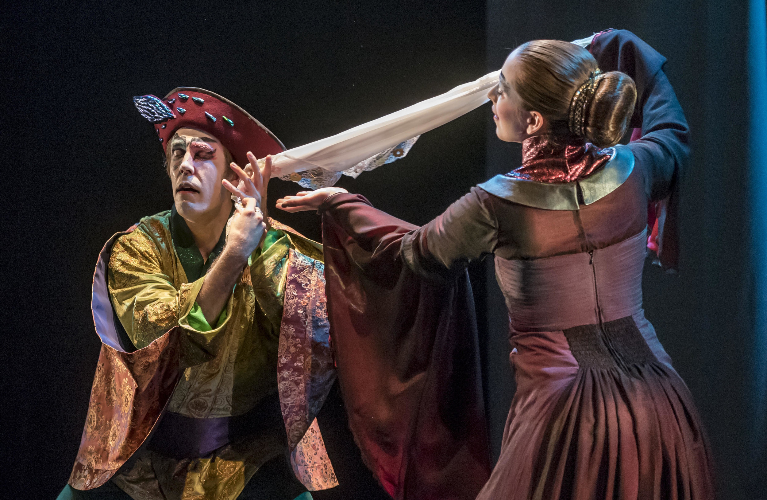 As Emilia, trying and failing to seduce husband Iago (Jordan Coughtry) with Desdemona's dropped handkerchief in Iago's Plot at Krannert Center for the Performing Arts. Conceived and directed by Shozo Sato. Written by Leslie Baker, Robert Clingan, Carl Freundel, and Robert Moor, and supervised by Juanita Rockwell. Choreography by Philip Johnston. Original music composition by Stephen Gawrit. Fight direction by Robin McFarquhar. Costume design by Olga Maslova. Lighting design by David Krupla. Sound design by Lorna Chavez. Properties by Julie Rundell. Hair and makeup by Sharné van Ryneveld and Shozo Sato. Vocal coaching by Susan Schuld and Adam Thatcher. Technical direction by Dylan Kind. Stage manager Nick Loweree. Photo credit Darrell Hoemann. April 2017.