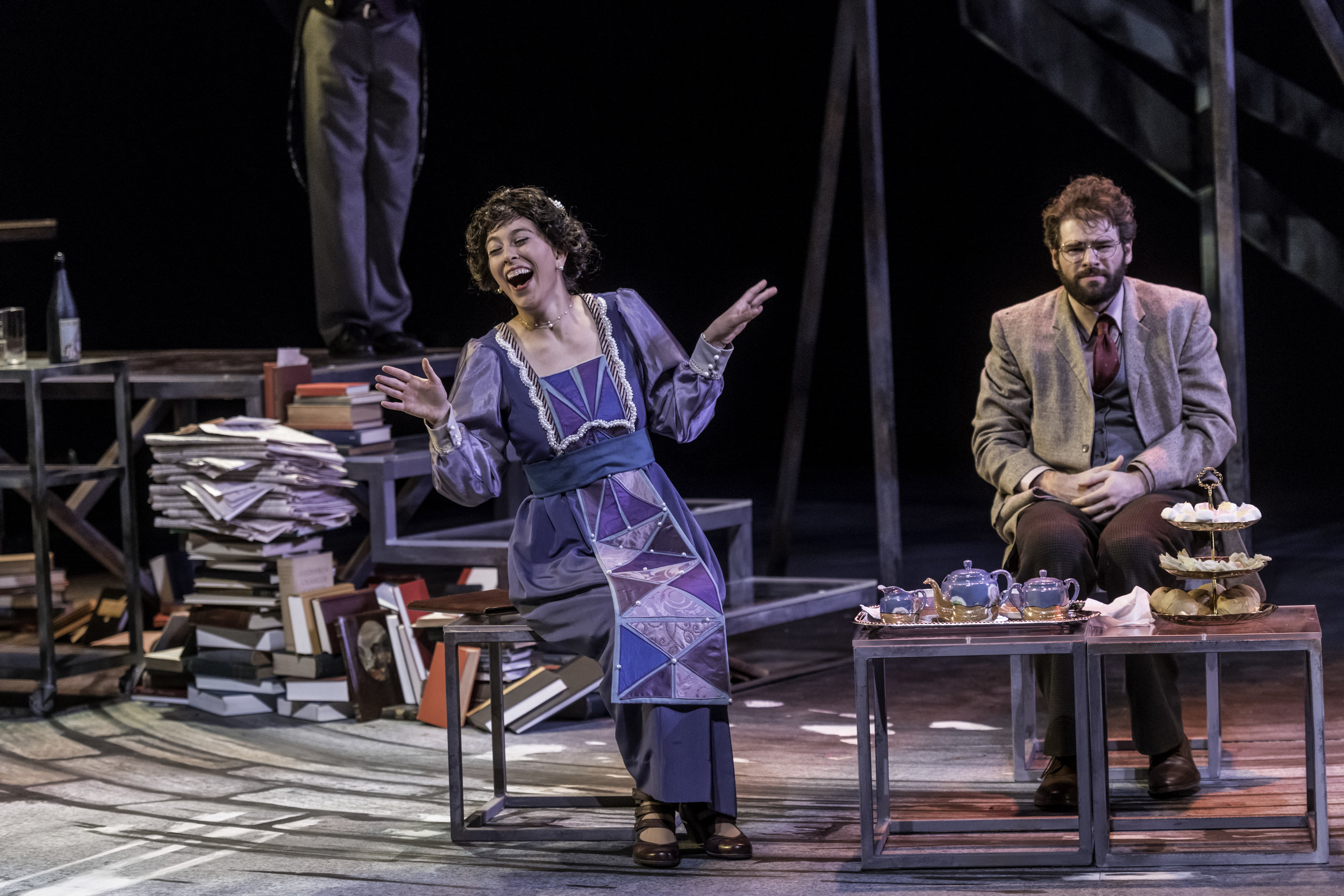   As Gwendolyn, cackling despite the fact that James Joyce (Tyler Miller) is not amused. Travesties | by Tom Stoppard | at Krannert Center for the Performing Arts | Directed by Laura Hackman | Scenic design by Daniela Cabrera | Costume design by Edit