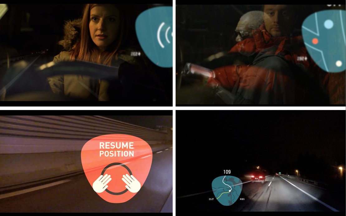 Shots from the video displaying some HUD graphics that support highly automated truck platoons in the future
