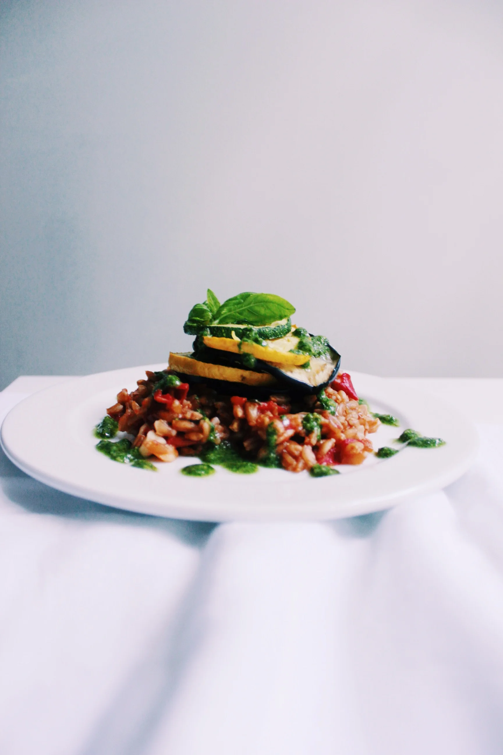 Tomato Basil Farro with Summer Vegetable Stack & Pesto Drizzle — The