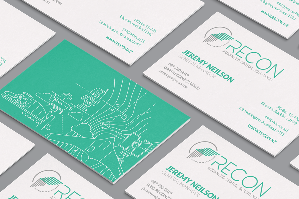  Business cards showing the front and back with the brand illustration 