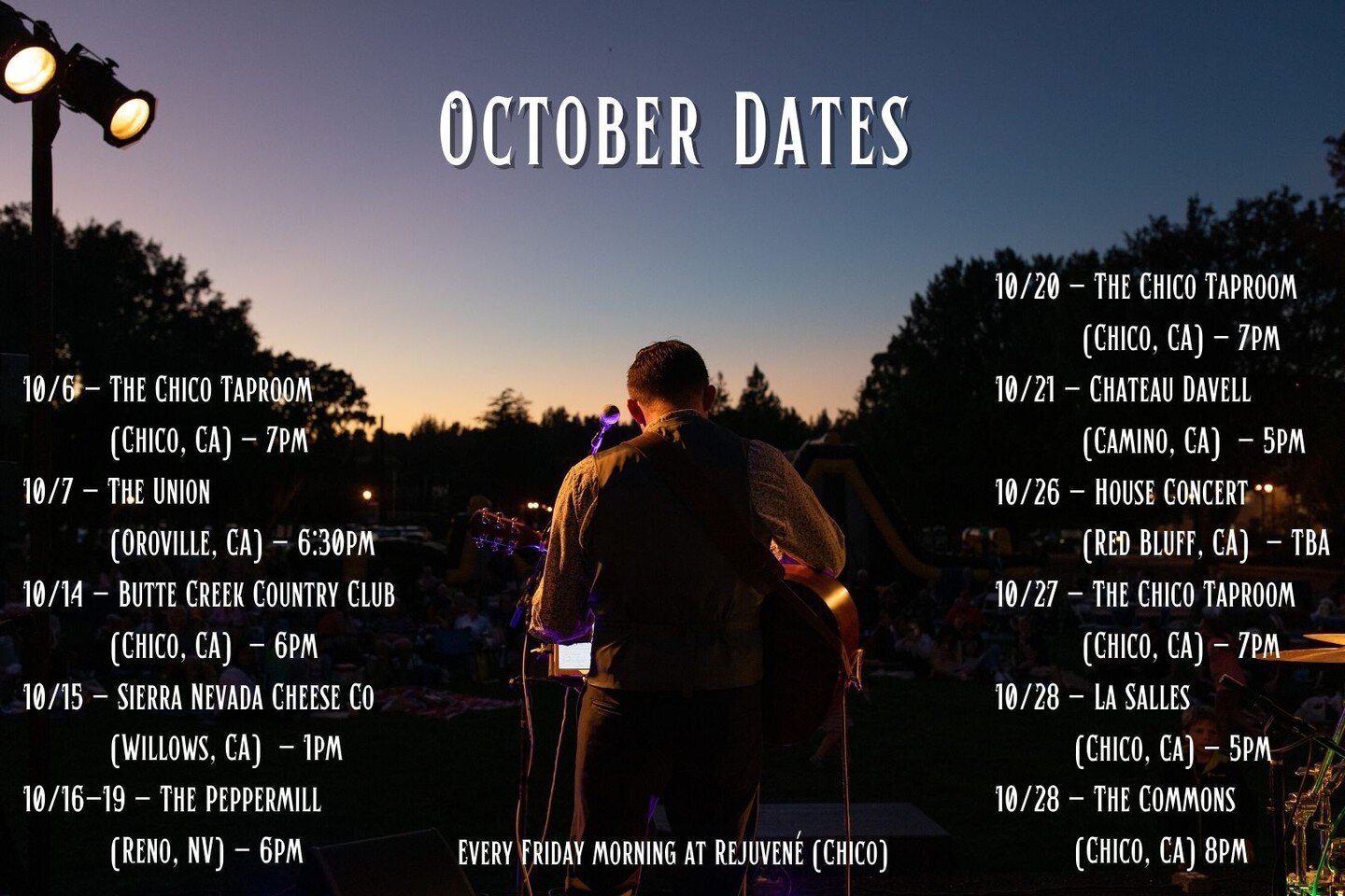 Between a bunch of public performances (listed below) as well as private events and a weekend away (I'm looking at you, Atlanta), it's gonna be a busy month! 

Dates below again for those in the back:
10/6 - @thechicotaproom - 7pm
10/7 - @unionfork -