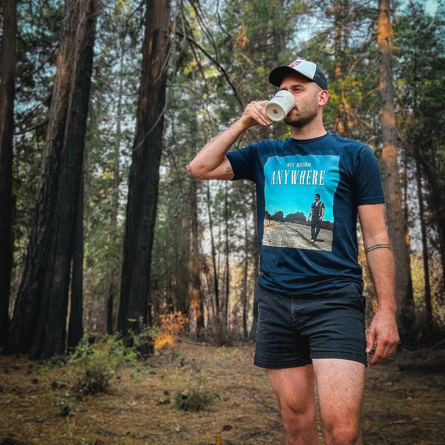 Being a self-employed, independent musician has me standing in a forest taking a picture of myself wearing a t-shirt of myself so that I can make some money to make a vinyl record of myself 😂 Anyways, DM me if you want a super comfy shirt with ya bo