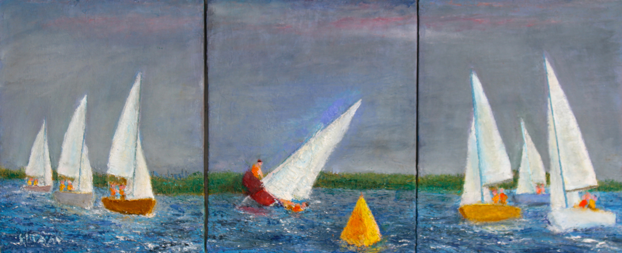 DickElam Capsize at Windward Mark_Approx 14x36 triptych_oil.jpg