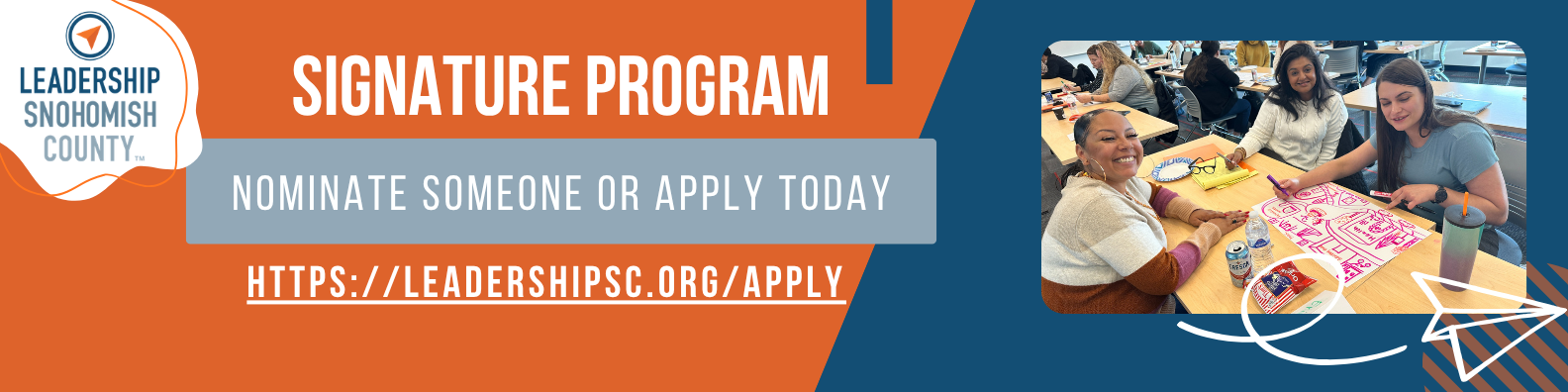 Leadership Snohomish County Signature Program 2026–2027 application banner with participants collaborating in a leadership workshop and call to apply online