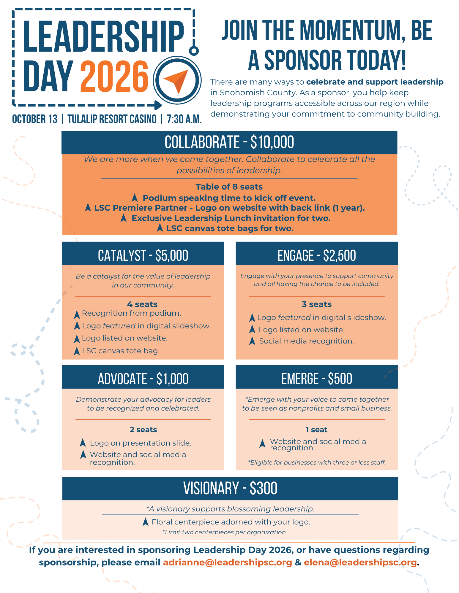 Leadership Snohomish County Leadership Day 2026 sponsorship opportunities and benefits for the October 13 event at Tulalip Resort Casino