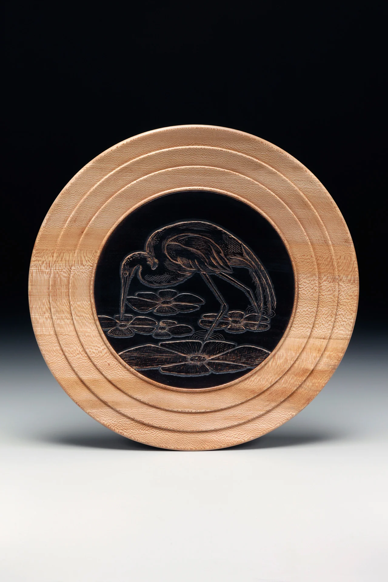 Lathe-Turned Plate, Cherry, 16" diameter Ebonized and Carved Center