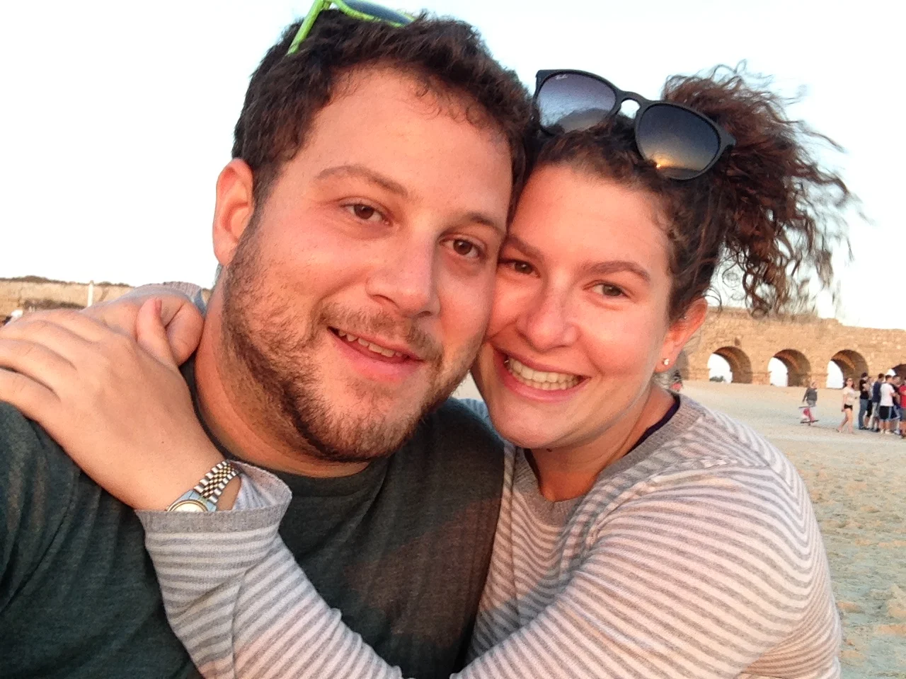 At the aqueducts on the beach in Caesarea .