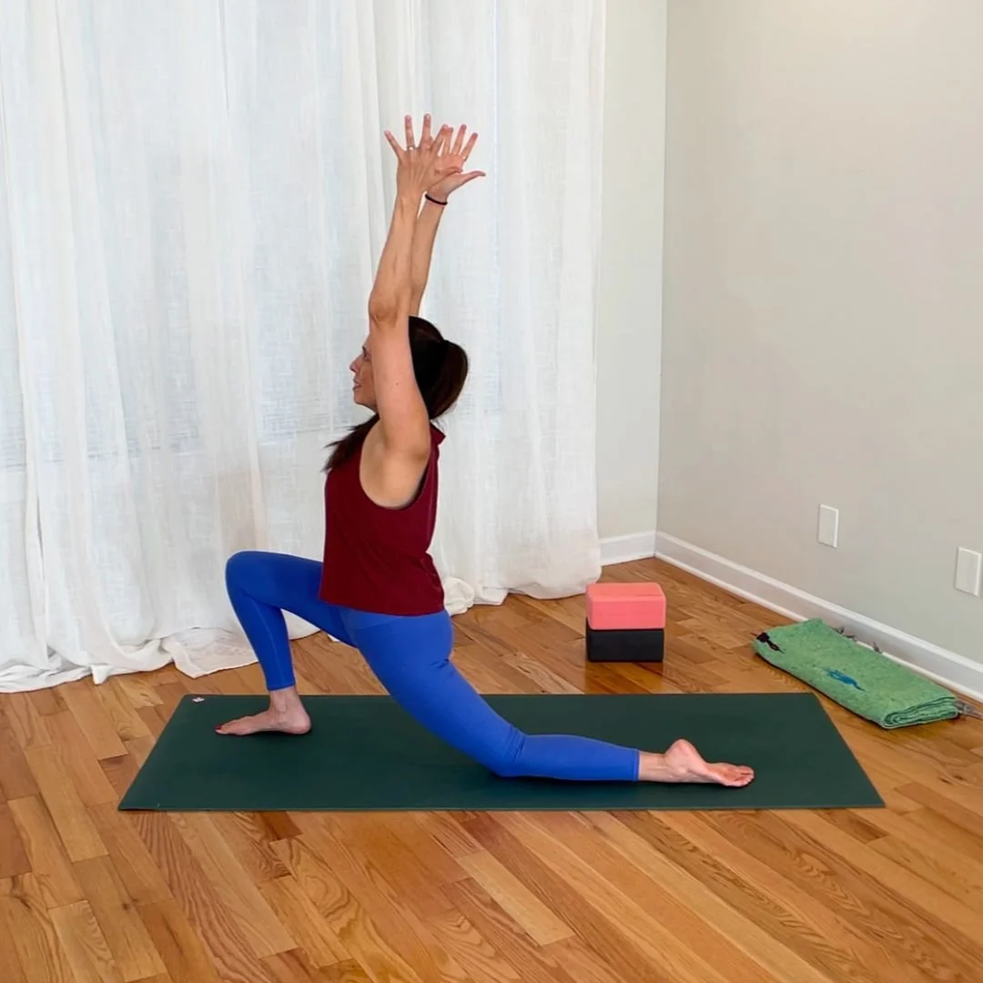 Hips-forward yoga low lunge with hip extension and an arched lower back