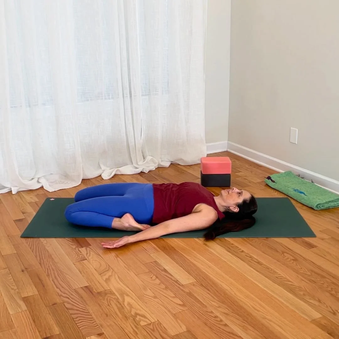 Reclining hero pose with knees on floor and relatively neutral lumbar spine