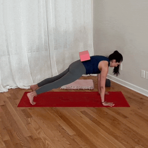 Yoga practitioner performing plank with a yoga block on the low back for spinal and pelvic feedback.