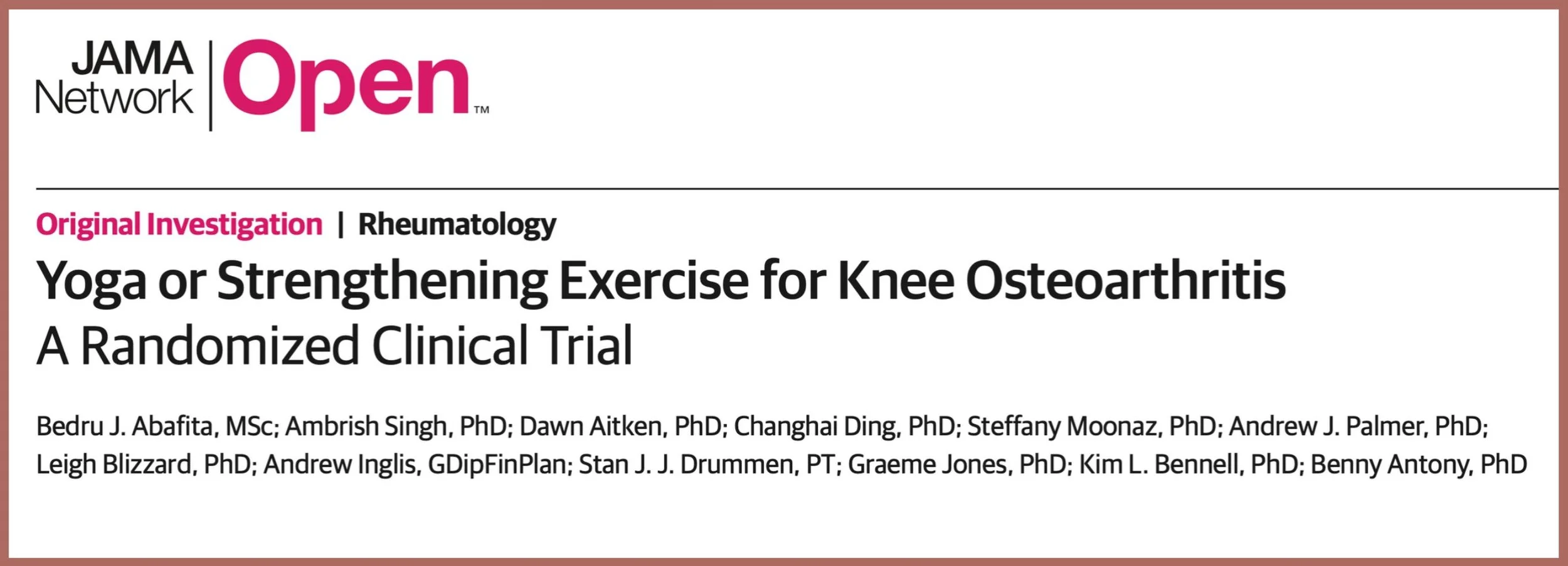 Screenshot of the 2025 JAMA Network Open study “Yoga or Strengthening Exercise for Knee Osteoarthritis: A Randomized Clinical Trial” by Abafita et al., showing the study title and authors.