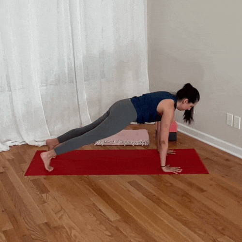 yoga practitioner demonstrating a misalignment in chaturanga