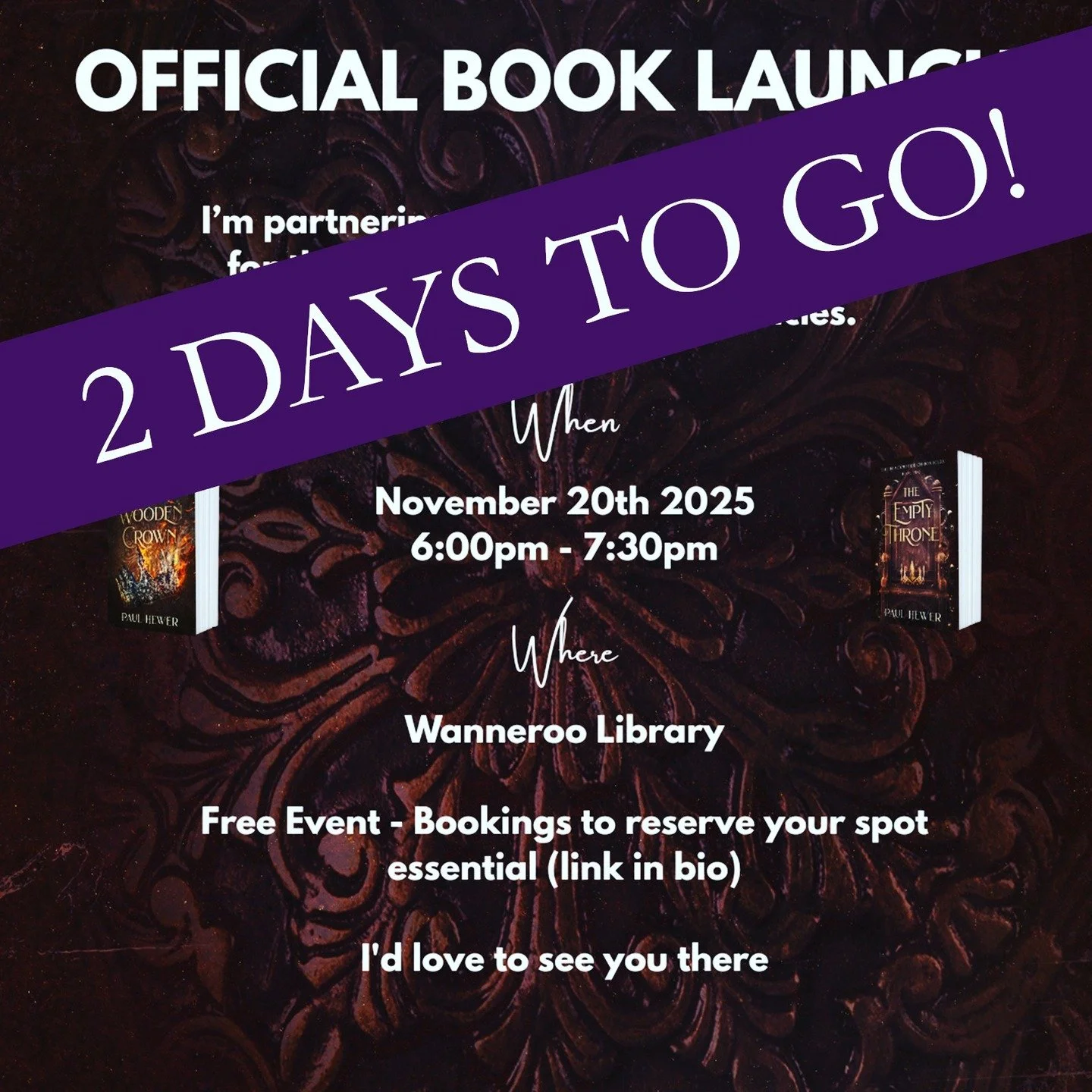 Getting excited 😁

Only 2 days to go before the public launch of 'The Blackwater Chronicles' at the Wanneroo Library.

If you haven't already, book your place. Search 'Paul Hewer Book Launch' or follow the Eventbrite link in bio.

Nibbles and refres