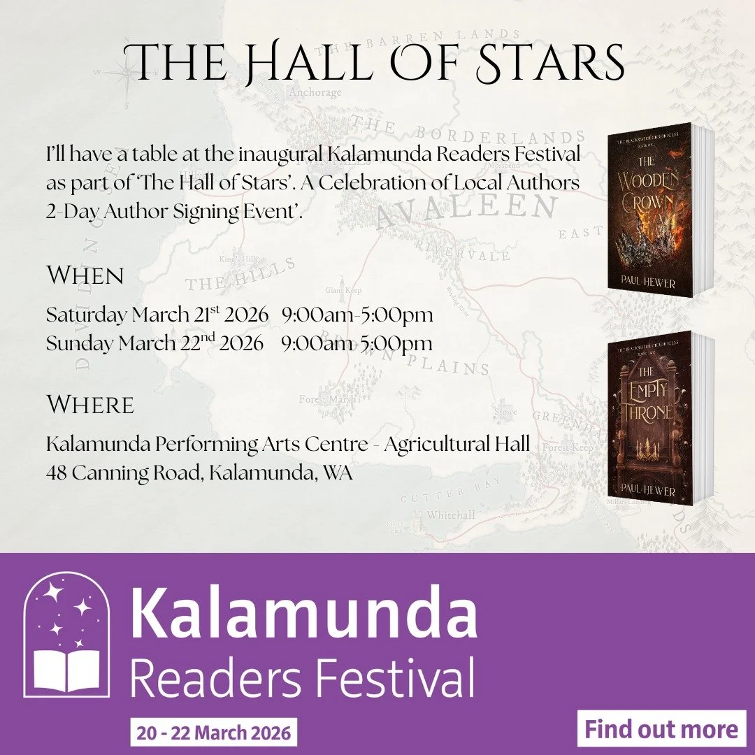 UPCOMING EVENTS

I&rsquo;m excited to announce two events in which I&rsquo;ll be participating:

March 21 &amp; 22, 2026
Kalamunda Readers Festival in the Hall of Stars
A Celebration of Local Authors 2-day Author Signing Event
https://www.facebook.co
