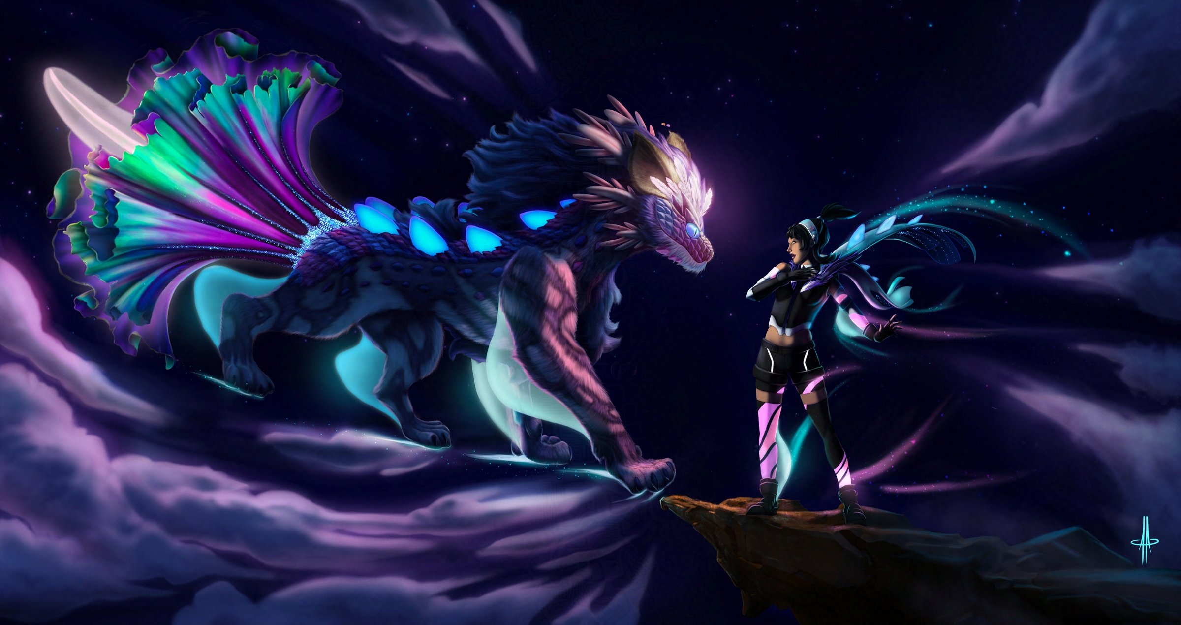 Illustration of glowing creature and Vela at night.