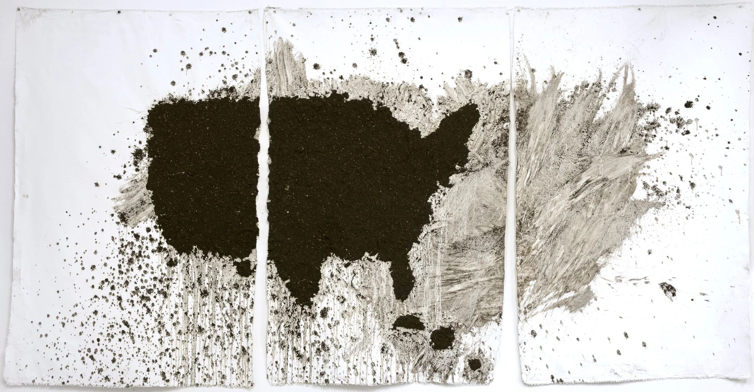 Meditation on the Making of America, 2018, Earth, acrylic paint, acrylic hair on Canvas, Triptych (36 x 56 inches each)