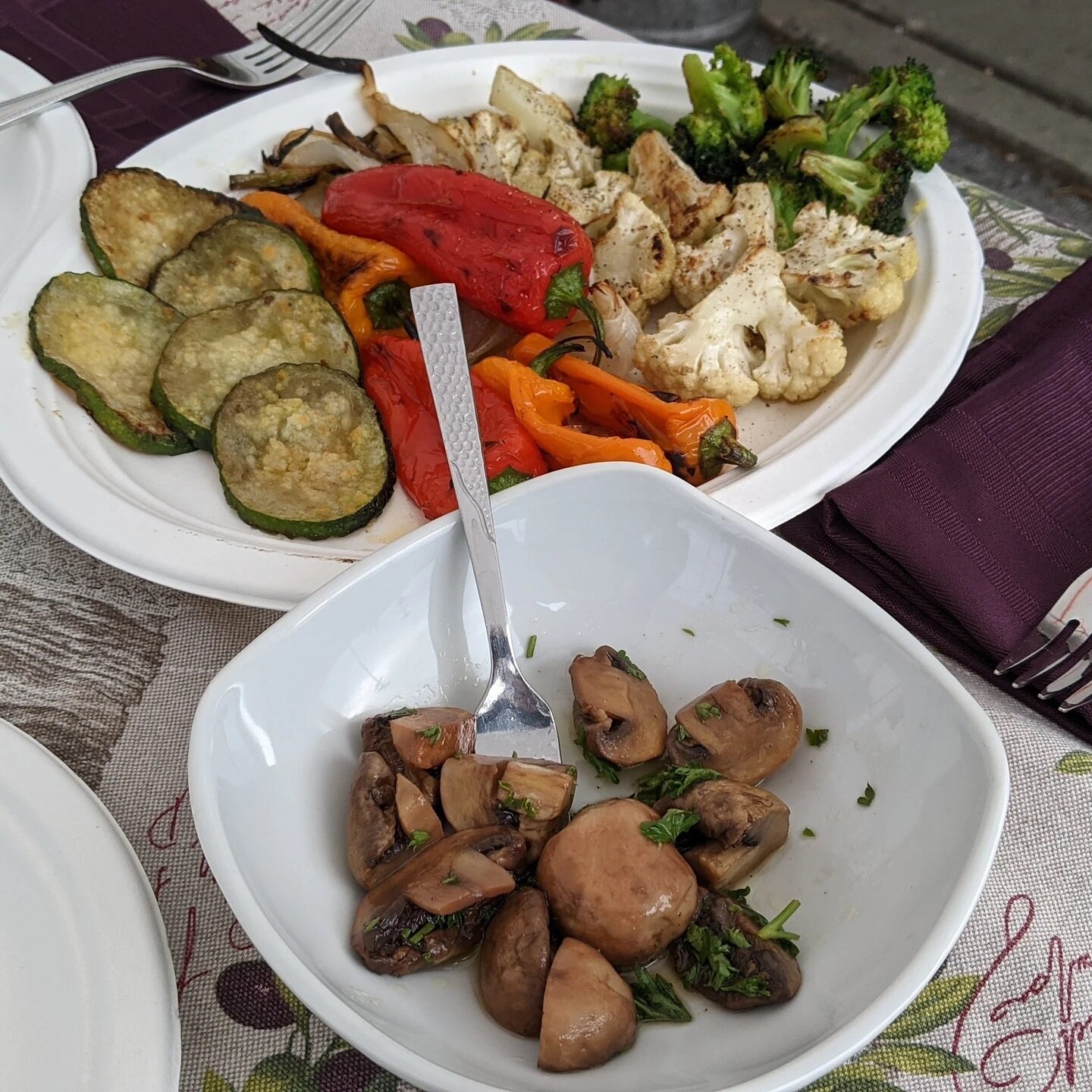 Here is a summer roasted veggies platter featuring Parm crusted zucchini