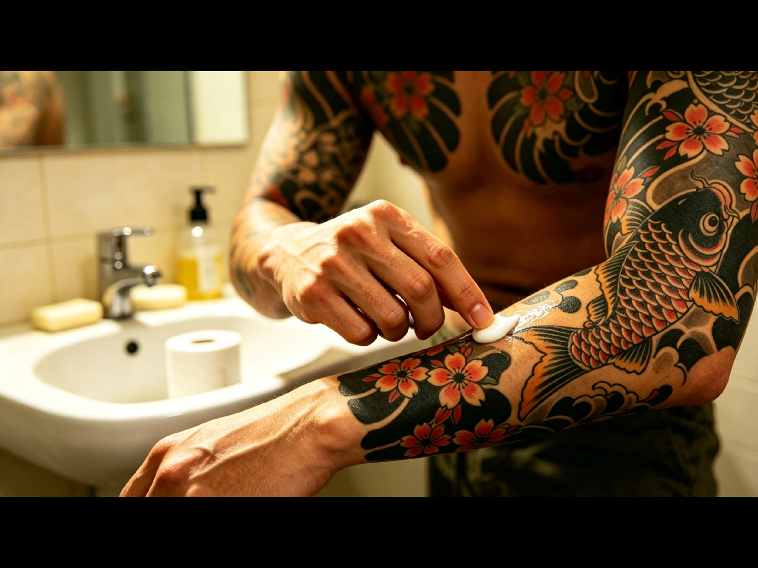 Applying moisturizing cream to a healing Japanese-style tattoo as part of the recommended tattoo aftercare routine to support proper healing and preserve color