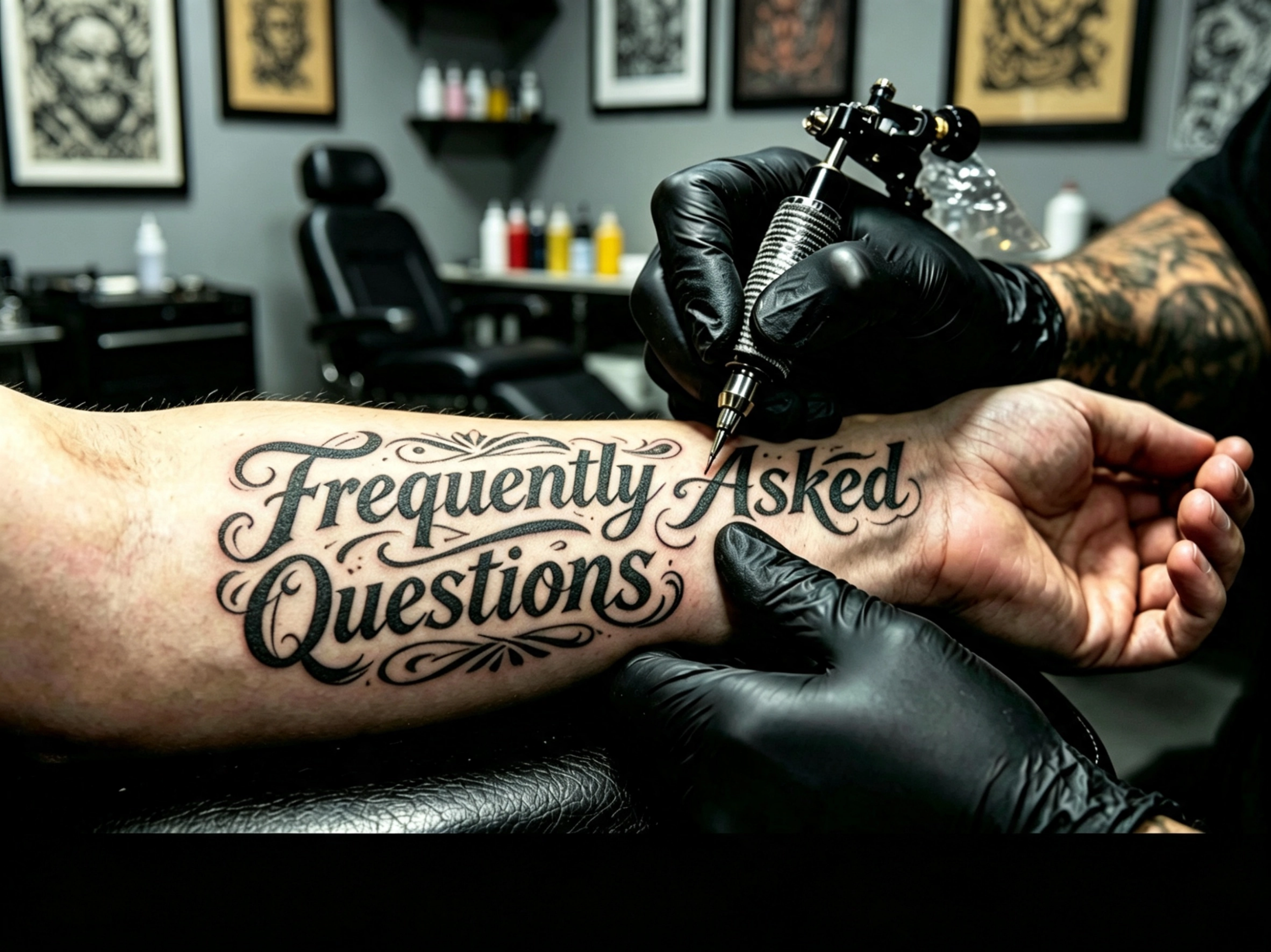 Tattoo artist answering frequently asked questions about booking, tattoo preparation, healing, and aftercare before a tattoo session