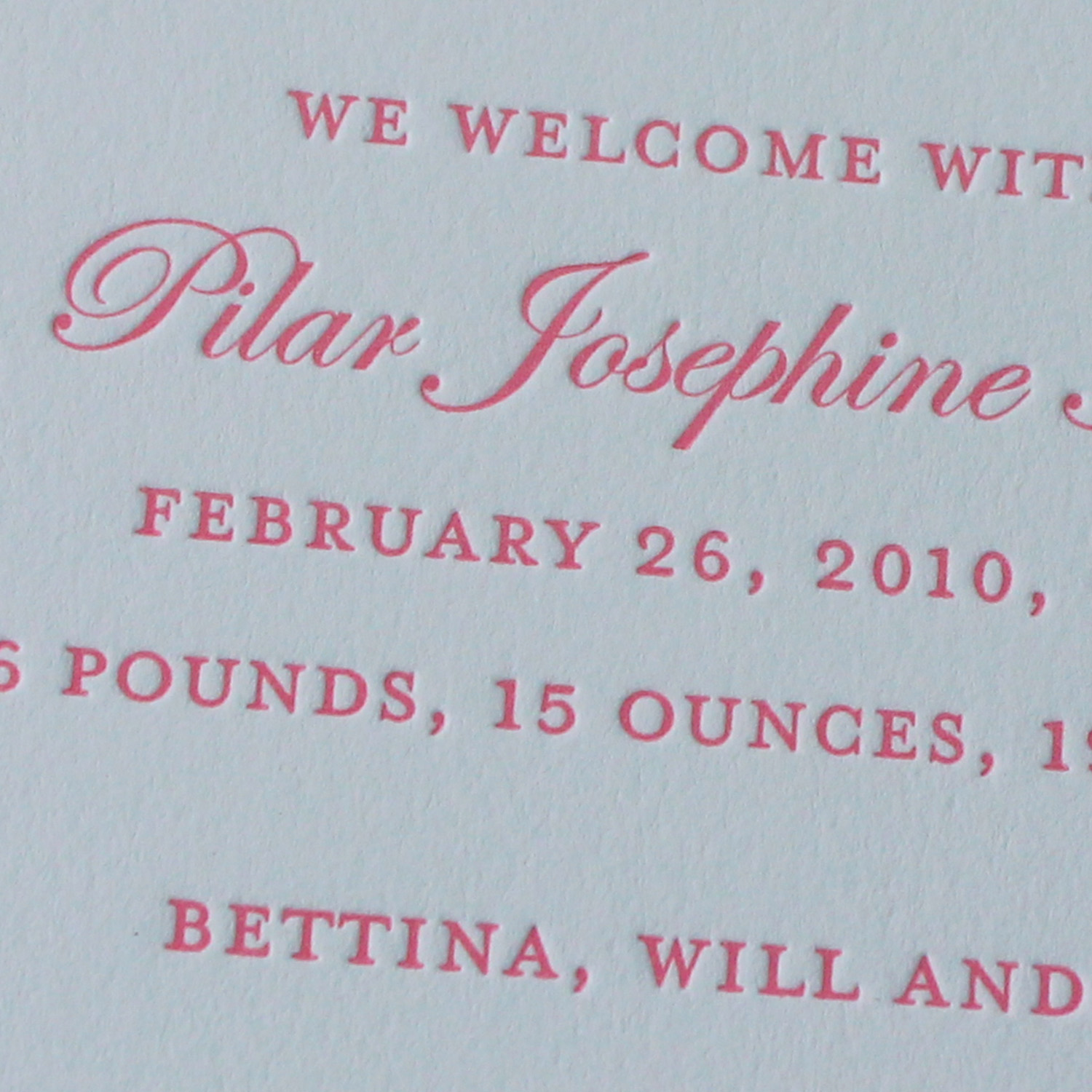 Pink Edwardian Script Letterpress Baby Announcement
