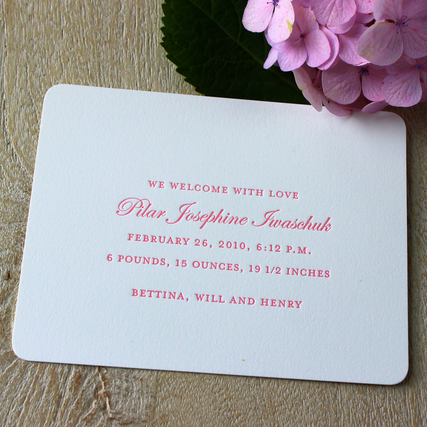 Pink Edwardian Script Letterpress Baby Announcement