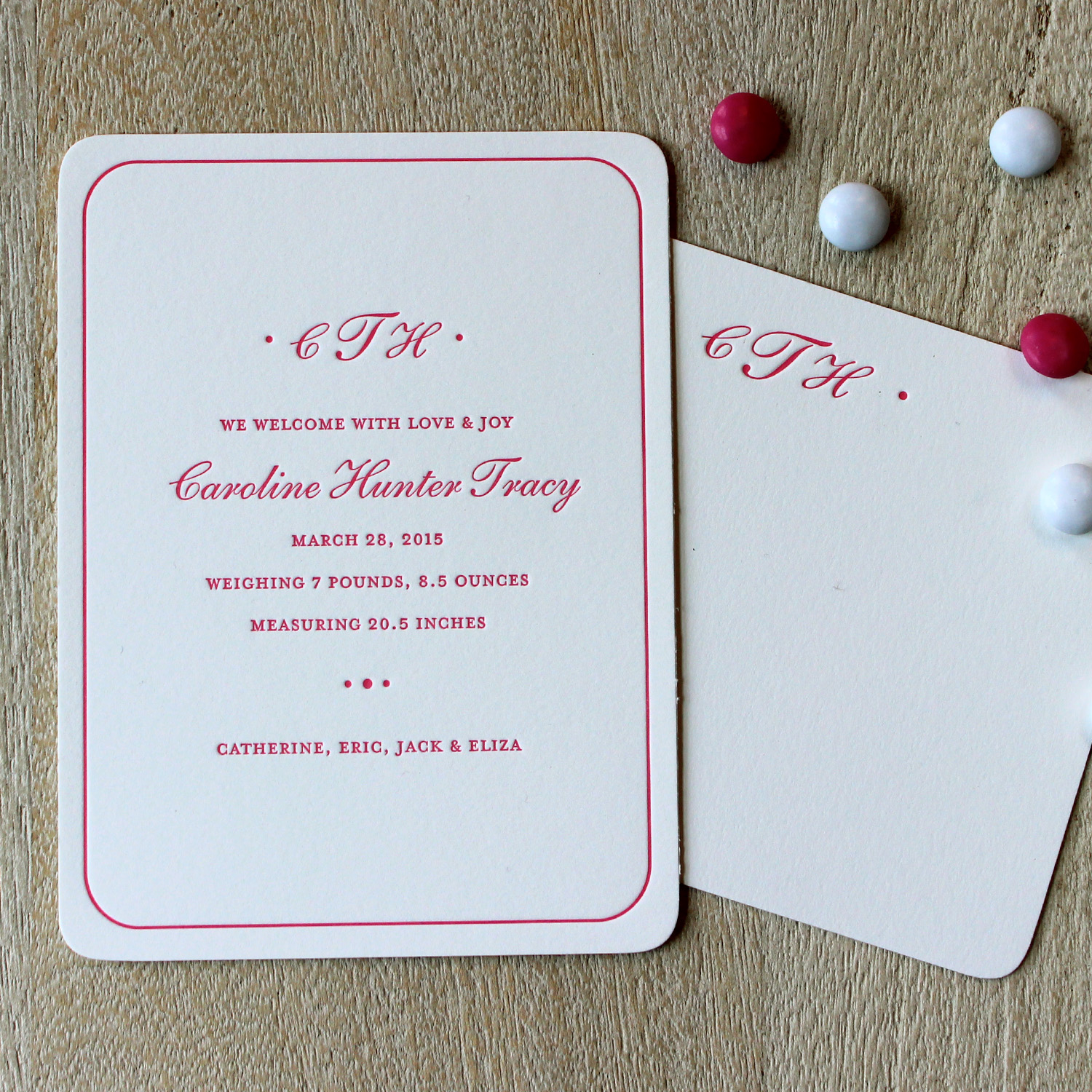 Classic Pink Monogram Letterpress Baby Announcement